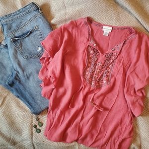 Pink boho embroidered top with tassels